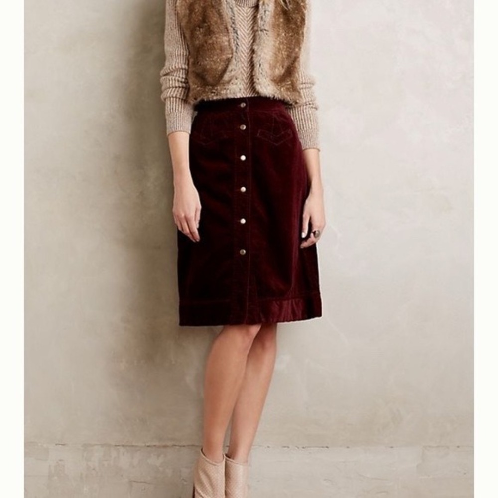 Holding‎ Horses Anthropologie Corduroy Button Front Midi Skirt Burgundy 6 NEW
